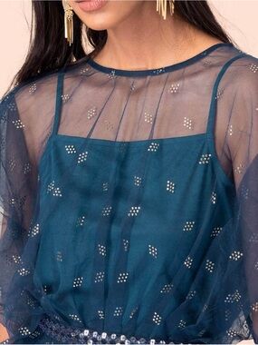 Indya Teal Organza Sequin Peplum Top XL NWT